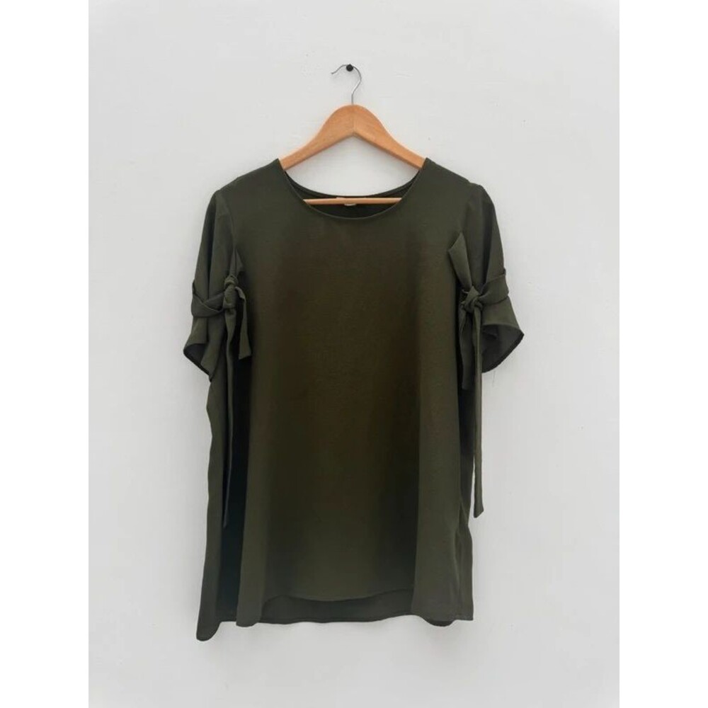 Pleione Textured Swing Top - Olive Green - Tie Detail Sleeves - Size L